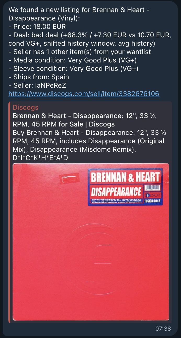 Discosearch alert for Brennan and Heart, showing price, history comparison, grading and seller matches