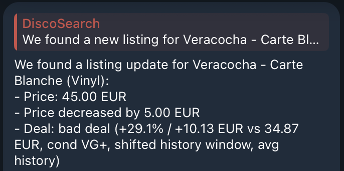 A threaded Veracocha price update showing a five-euro reduction