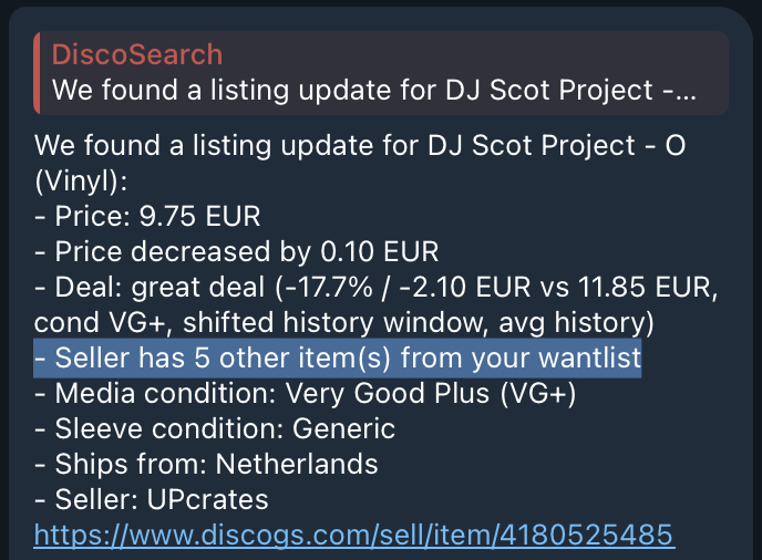 A DJ Scot Project notification highlighting five other items from the same seller on the user's wantlist