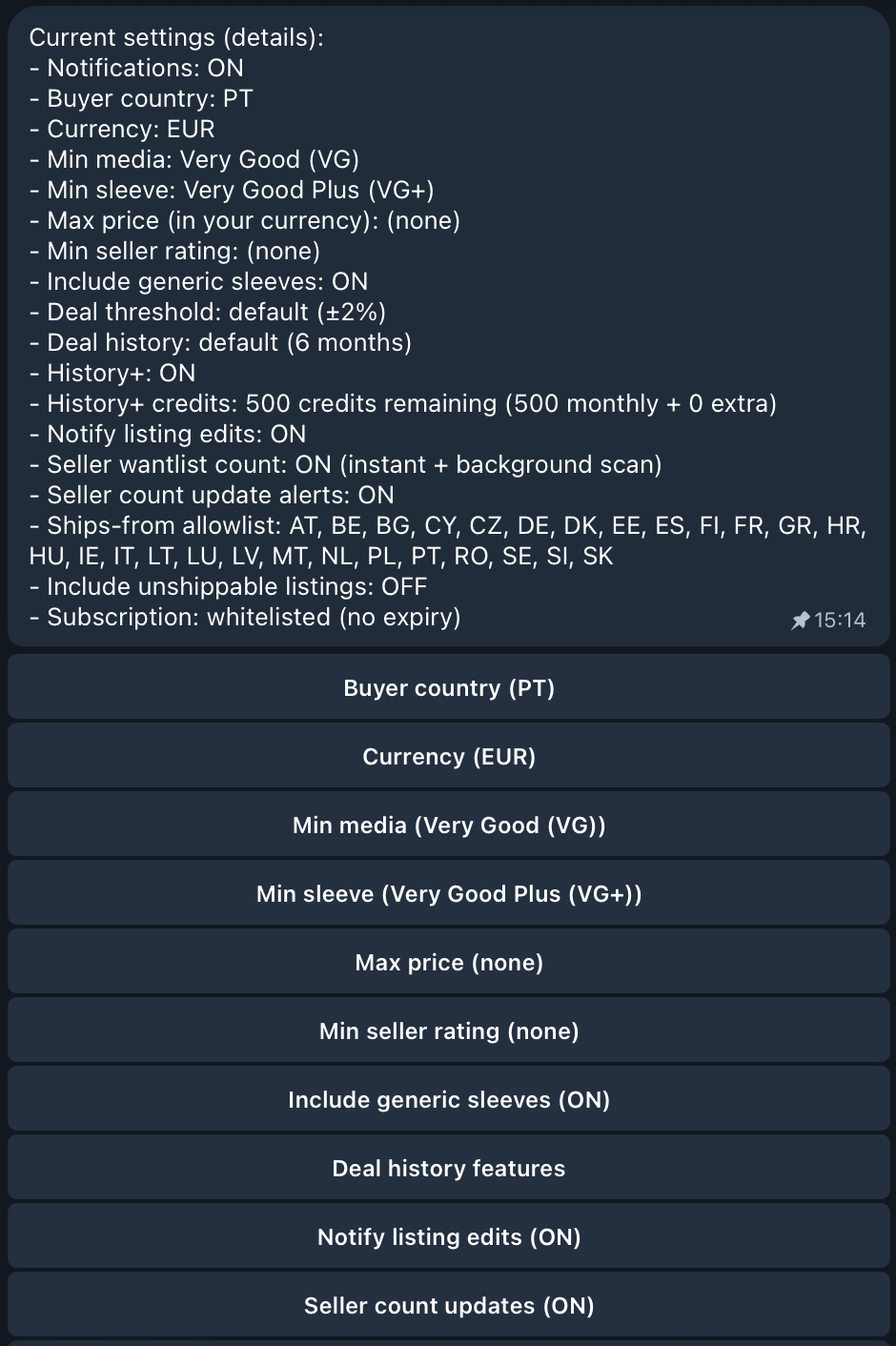Bot settings including buyer country, condition grades and the Include generic sleeves switch
